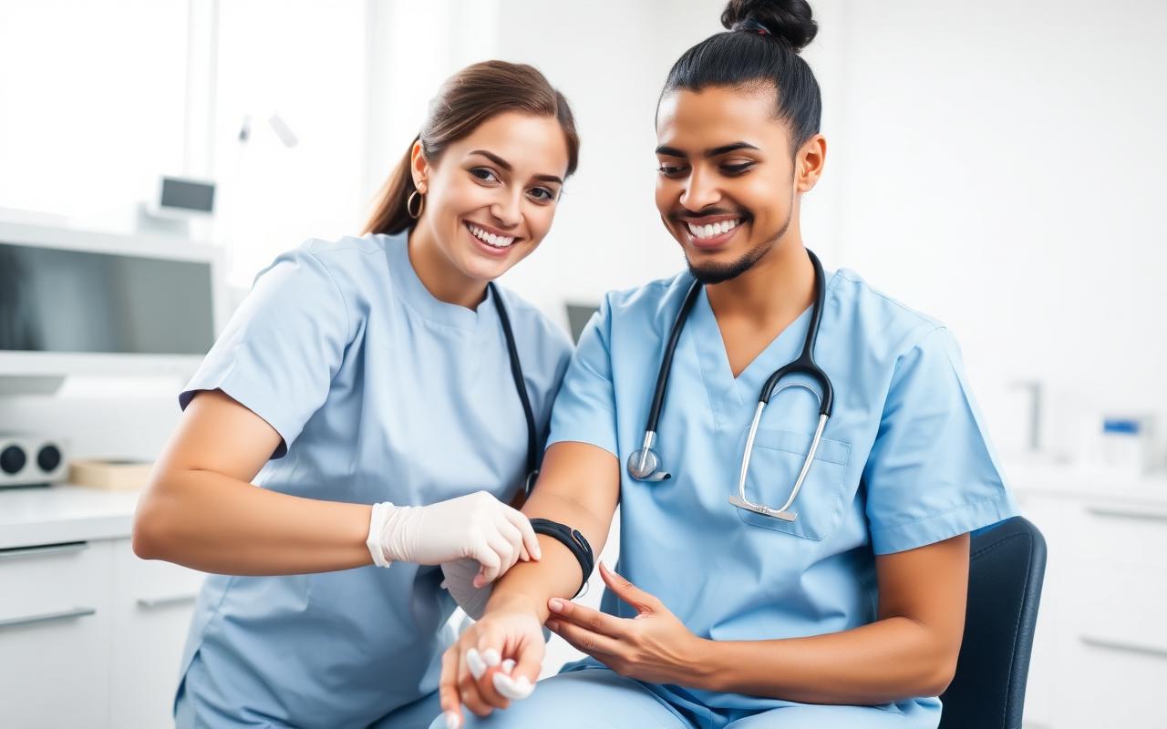 Enfermeira realizando coleta de sangue com cuidado em paciente