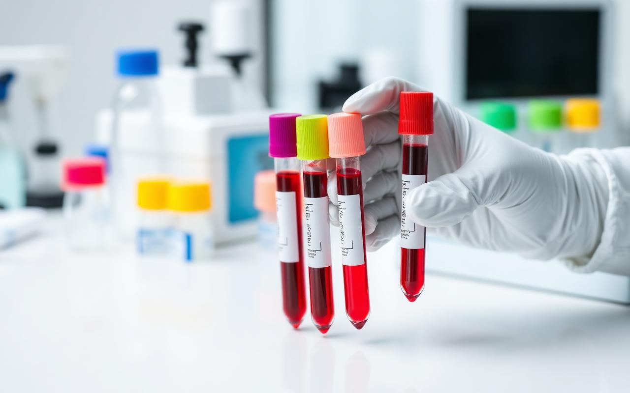 Tubos de amostra de sangue em laboratório de análises clínicas